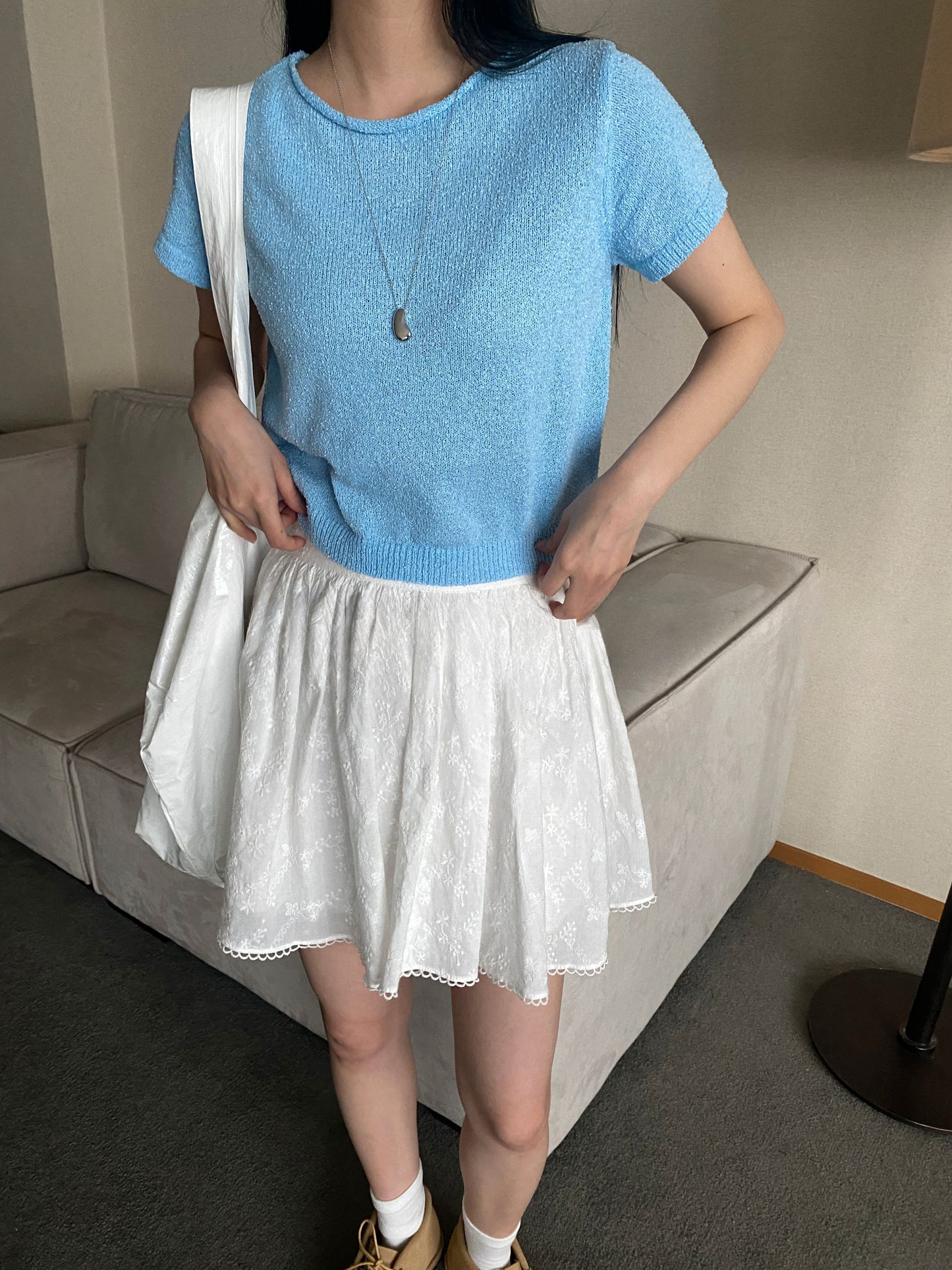 여름신상)) 부클 라운드 크롭 반팔니트 [mtzkz]