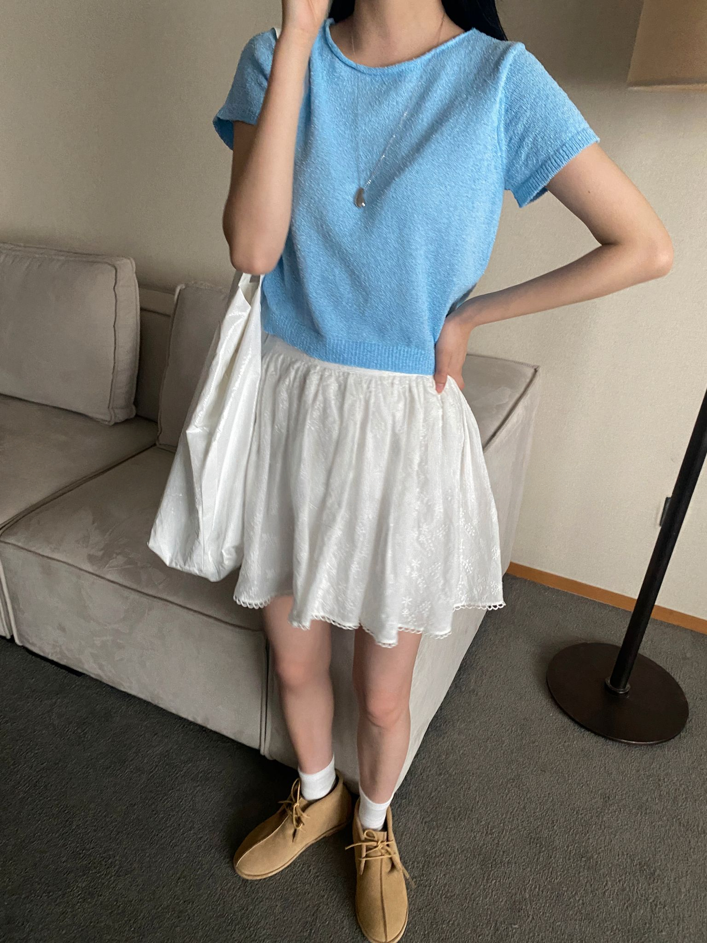 여름신상)) 부클 라운드 크롭 반팔니트 [mtzkz]