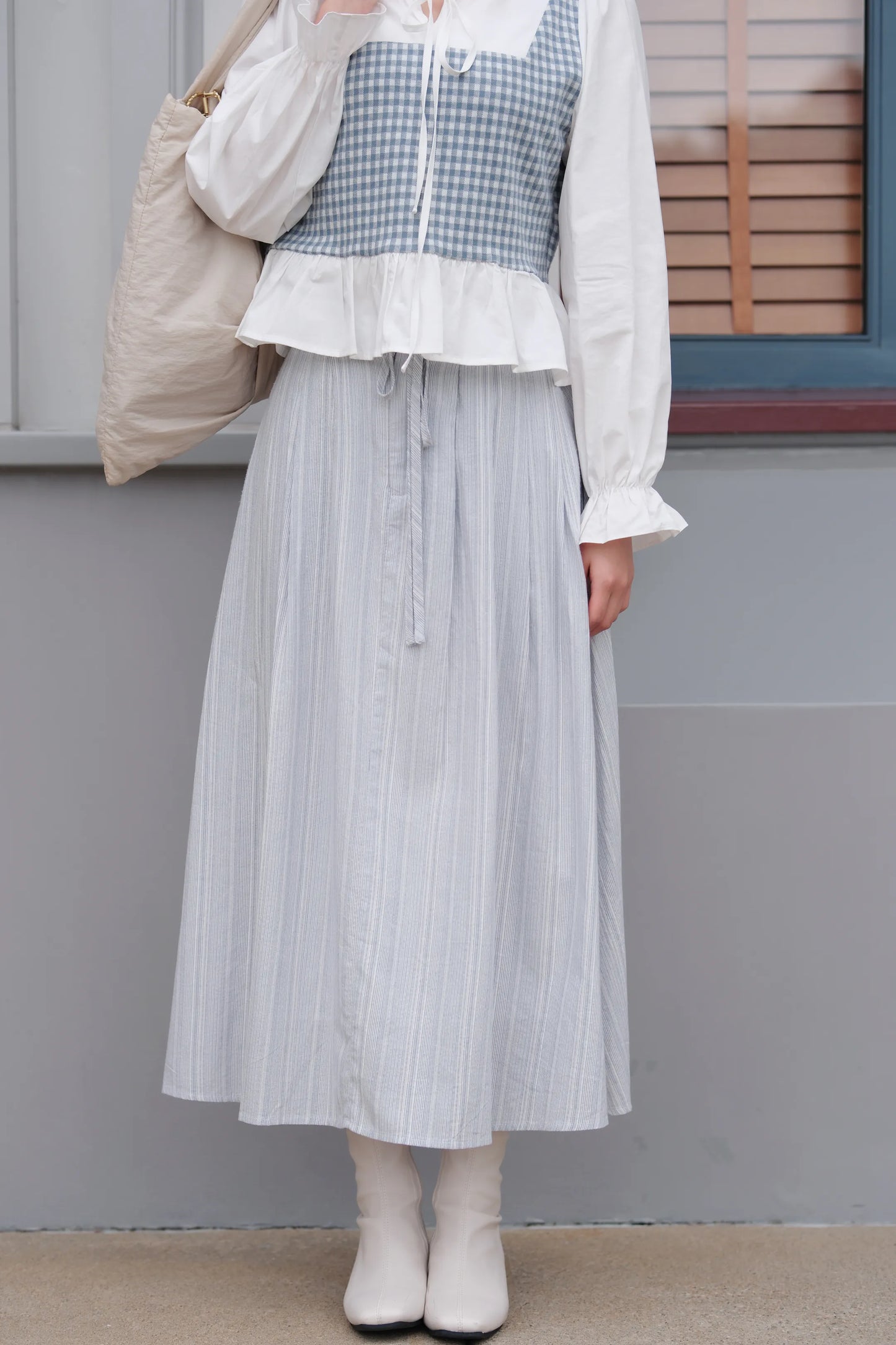 藍白間條棉麻裙
