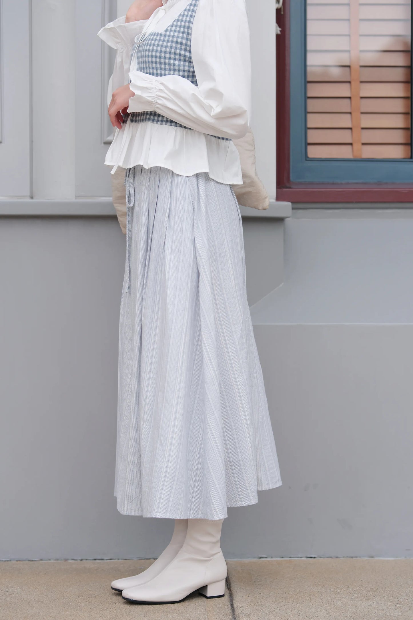 藍白間條棉麻裙