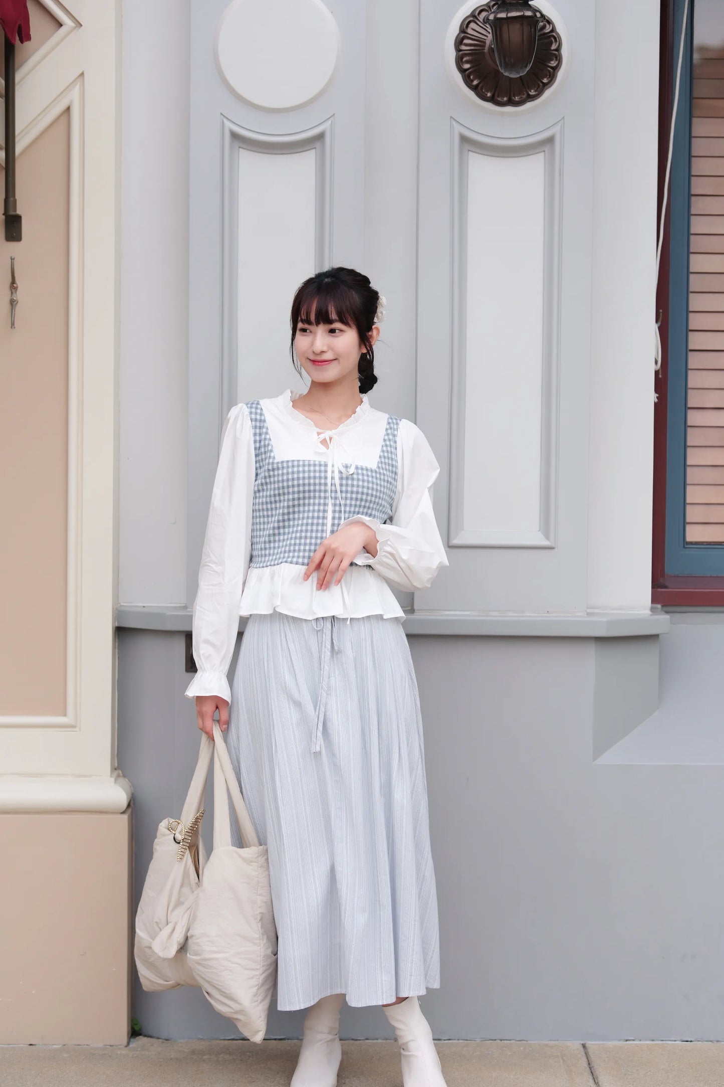 藍白間條棉麻裙