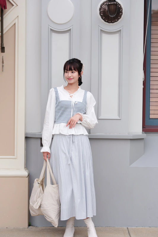 藍白間條棉麻裙