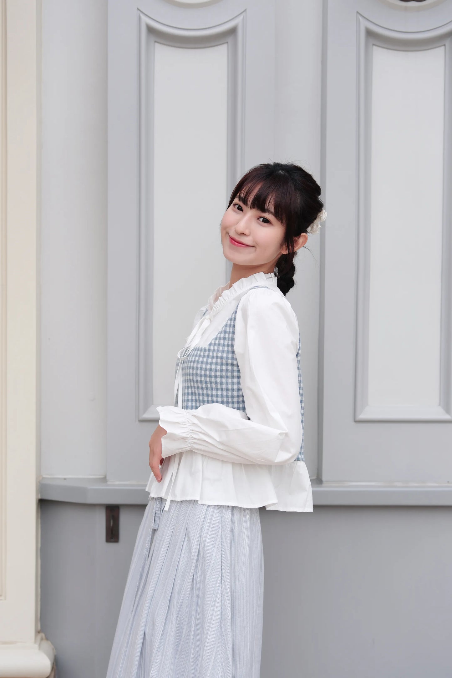 藍白間條棉麻裙